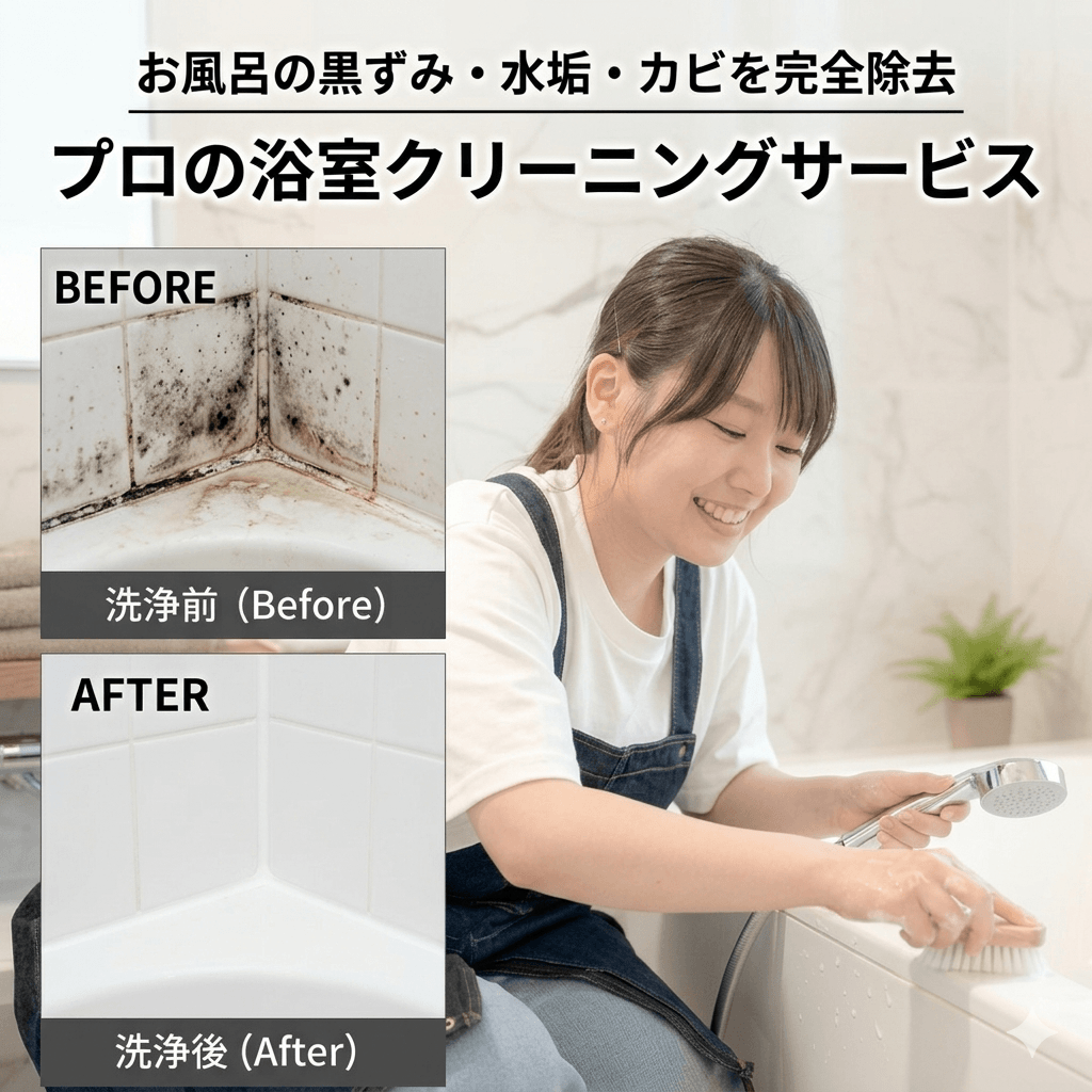 ・お風呂の黒ずみ・浴室クリーニングで水垢・カビを完全除去　・画像
