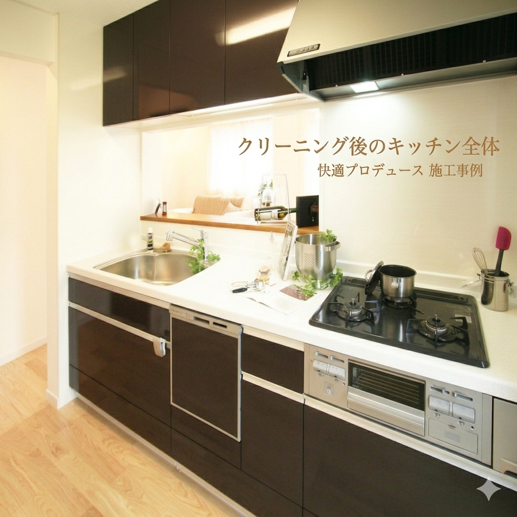クリーニング後のキッチン全体・清潔な仕上がり