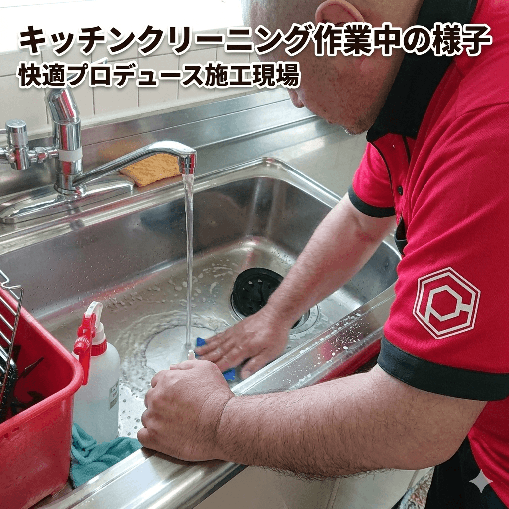 キッチンクリーニング作業中の様子、洗剤を塗布している