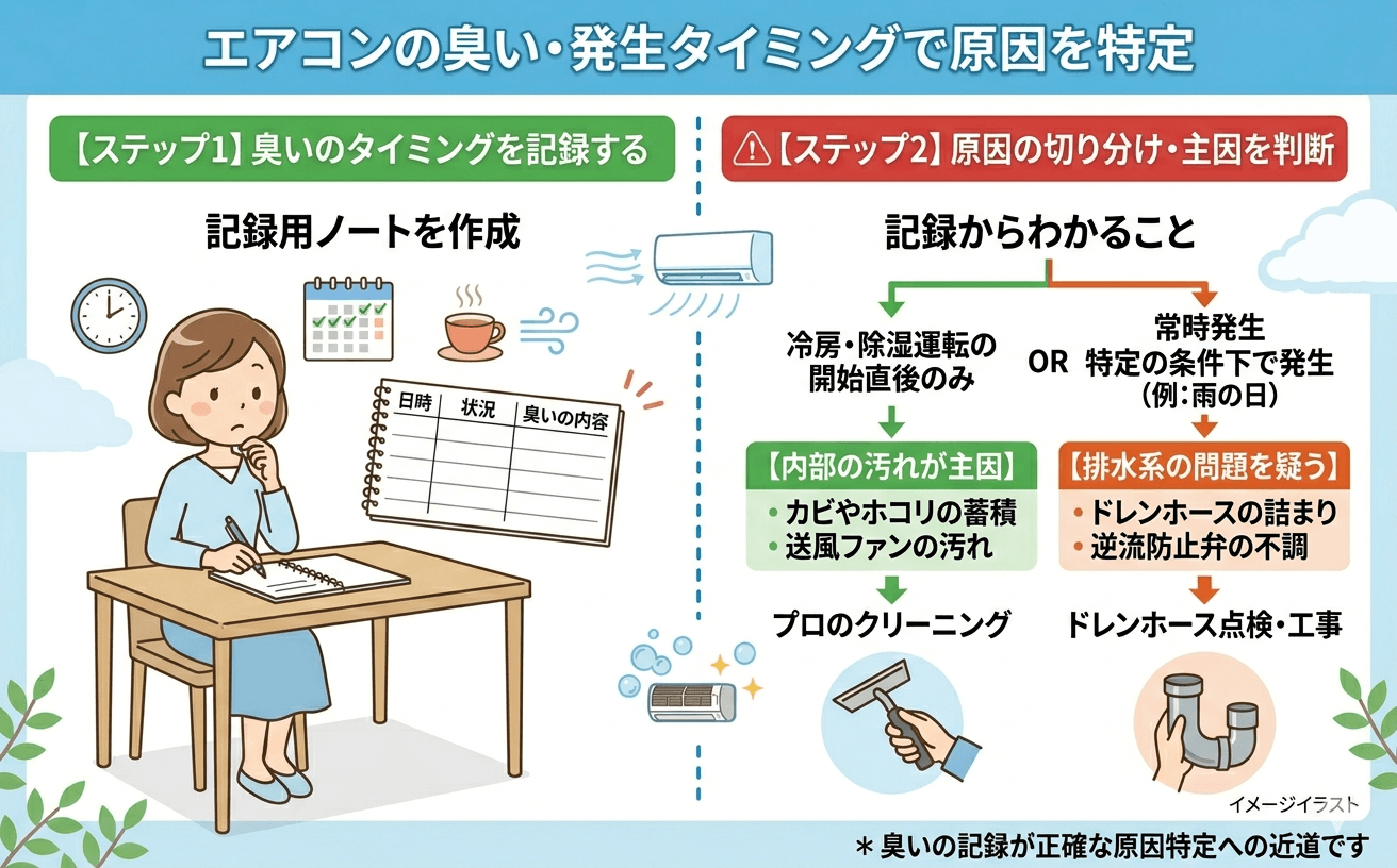 エアコンの臭いチェックポイントを確認する様子