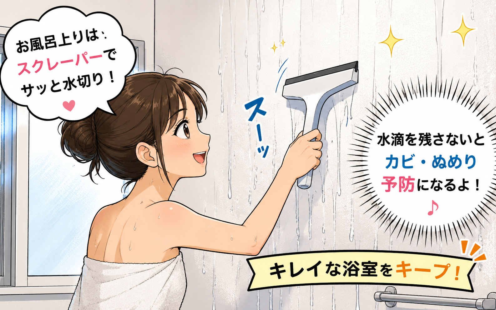 お風呂上がりにシリコンスクレーパーで壁の水を切っている様子