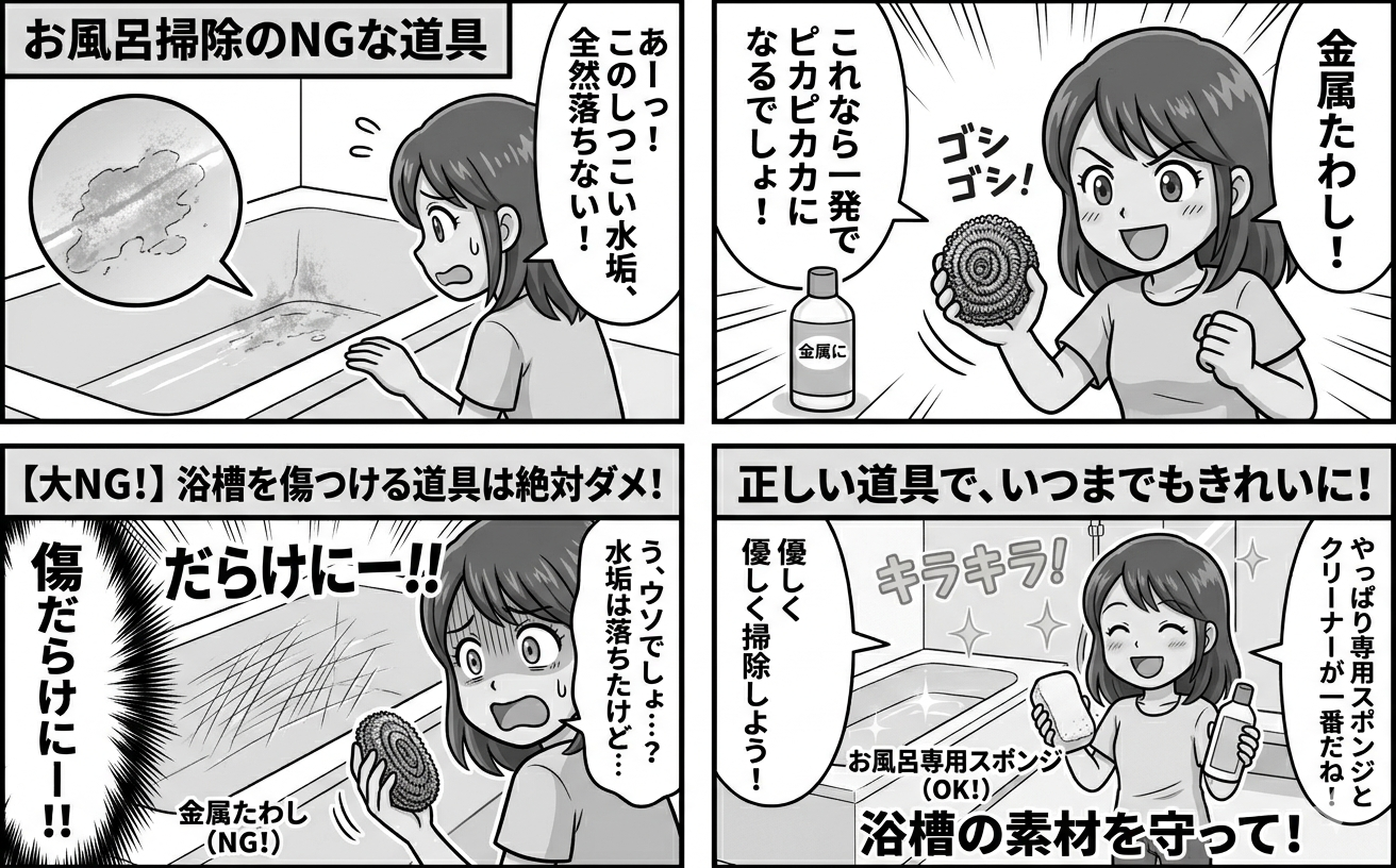 お風呂掃除でやりがちなNGな道具の使い方イメージ（金属タワシなど）