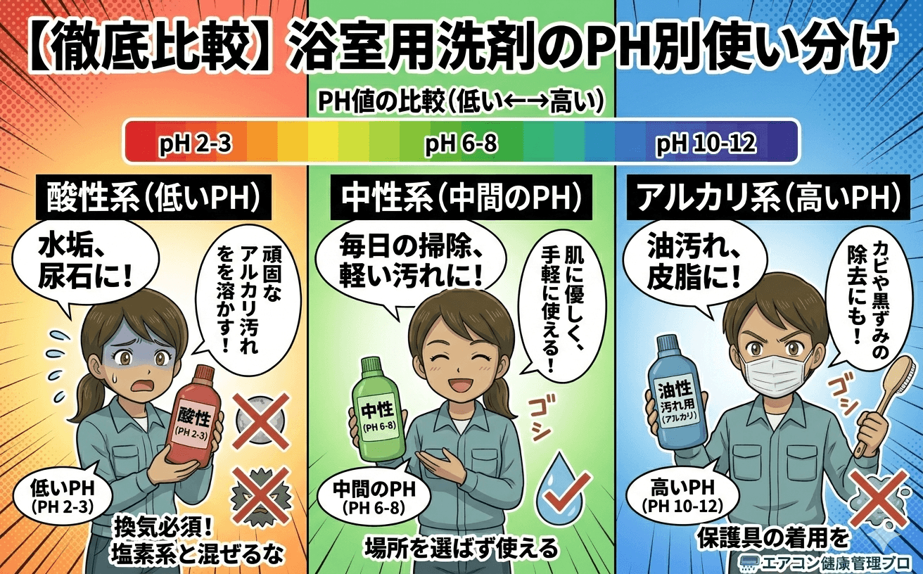 浴室用洗剤各種（中性・酸性・アルカリ性）をpH別に並べた比較写真