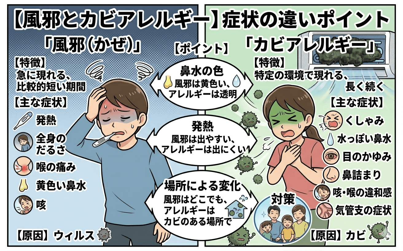 風邪とエアコンカビアレルギーの症状の違いイメージ