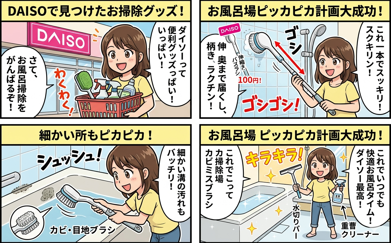 100均ダイソーのお風呂掃除グッズを並べた写真