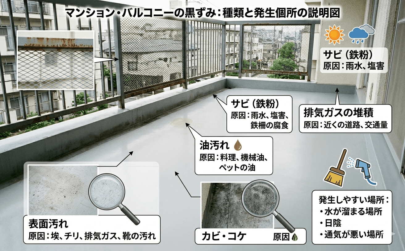 バルコニー黒ずみの種類と発生箇所の説明図