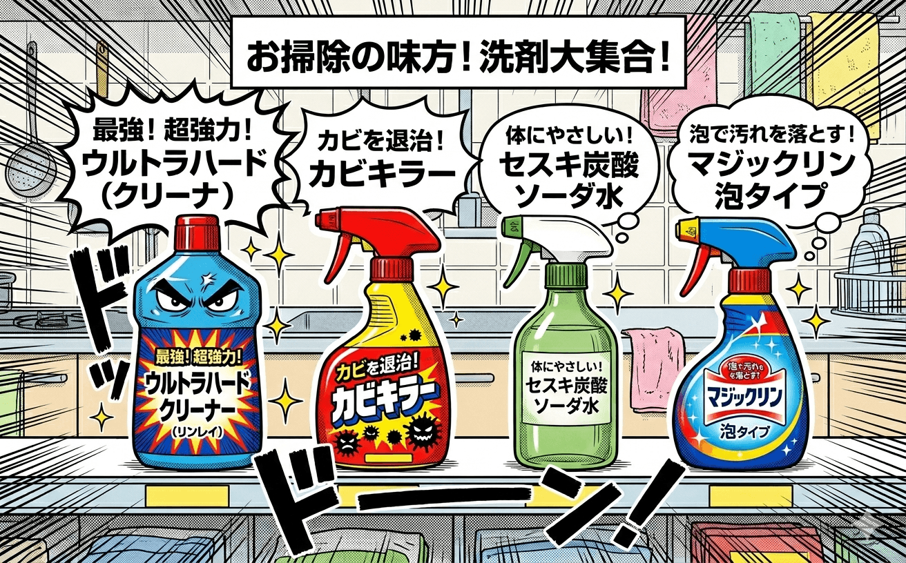 バルコニー掃除で使う洗剤の種類を並べた写真