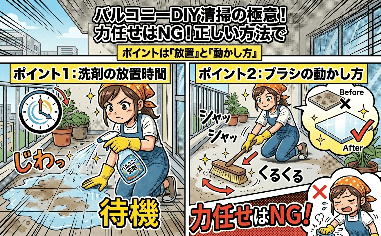 デッキブラシでバルコニーをこすっている作業写真