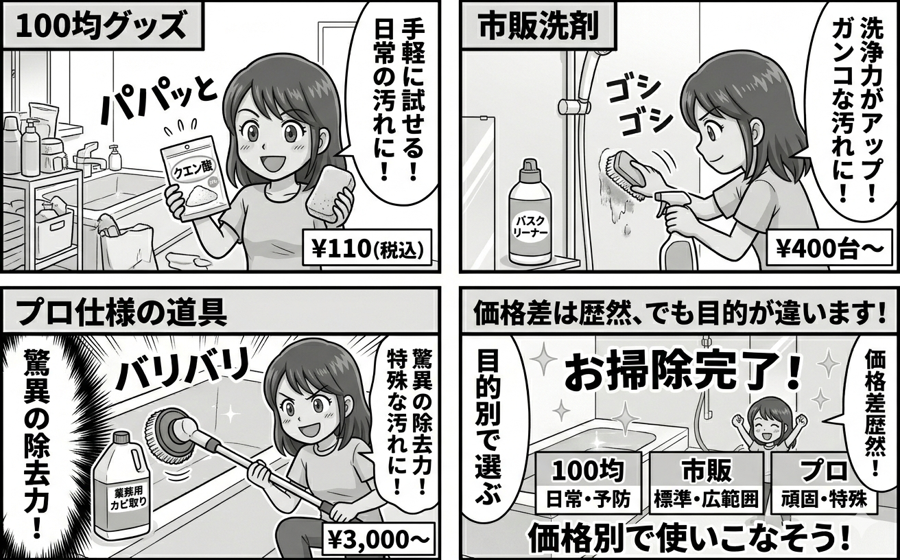 100均グッズと市販洗剤とプロのクリーニング道具を横に並べた比較写真