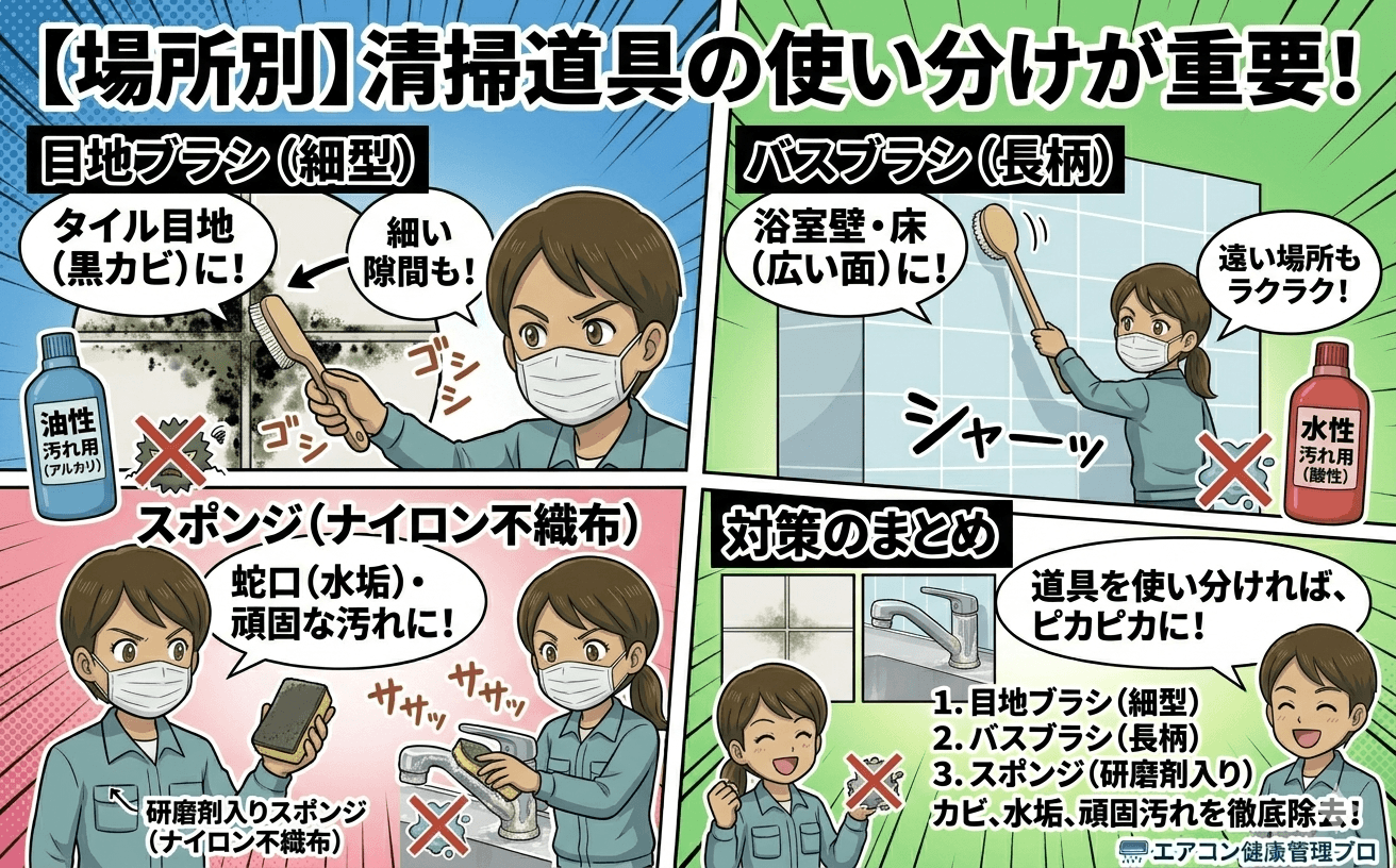 さまざまな種類の浴室用ブラシとスポンジが並んだ写真。用途別に分類