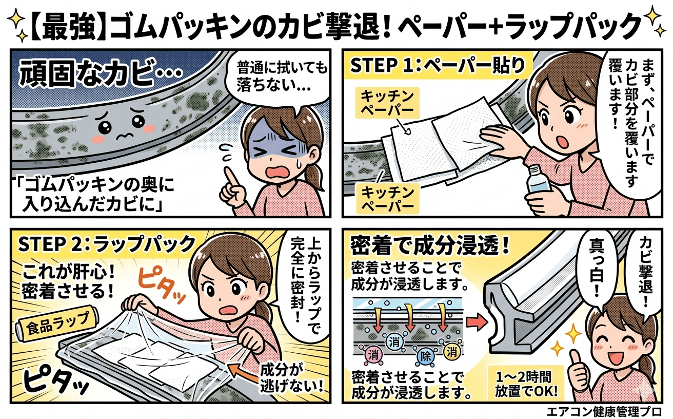 ゴムパッキンのカビにキッチンペーパーとラップを使ってハイターをパックしている様子
