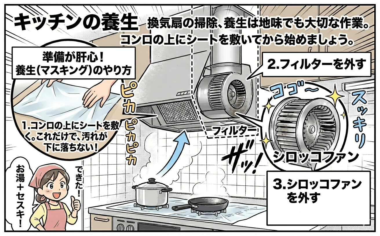換気扇掃除の養生作業のようす