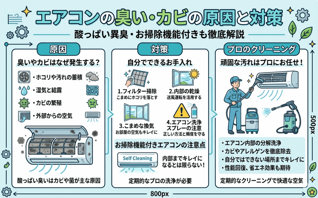 エアコンの臭い・カビの原因と対策酸っぱい異臭・お掃除機能付きも徹底解説