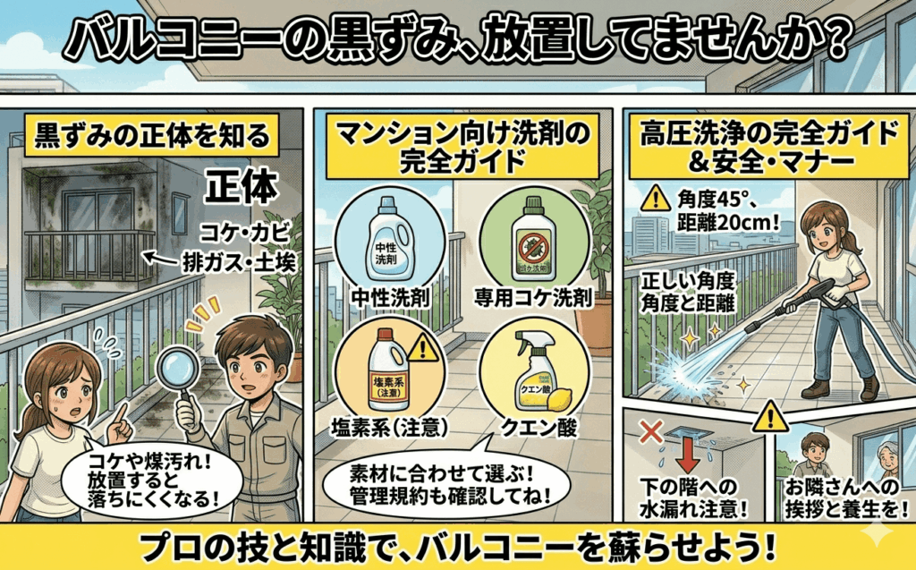 バルコニーの黒ずみ、放置してませんか？
マンション向け洗剤・高圧洗浄の完全ガイド