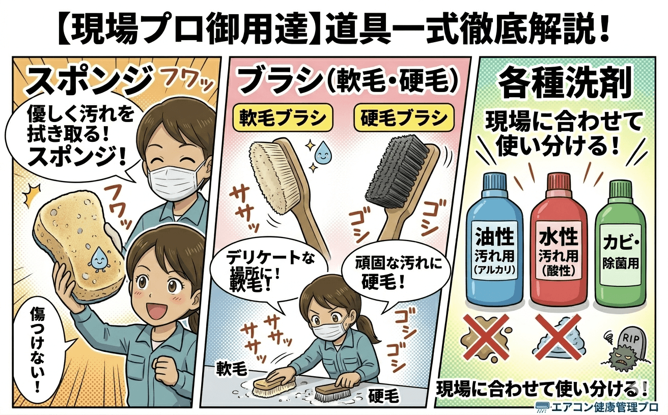 お風呂掃除 道具一式（ブラシ・スポンジ・洗剤・ハイター）が浴室に並んでいる様子