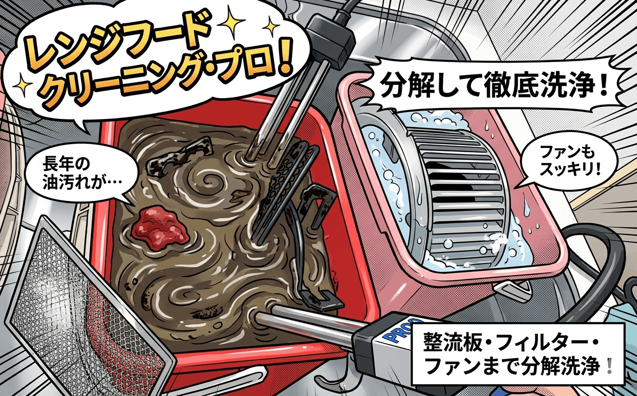 プロによるレンジフード分解クリーニングの様子
