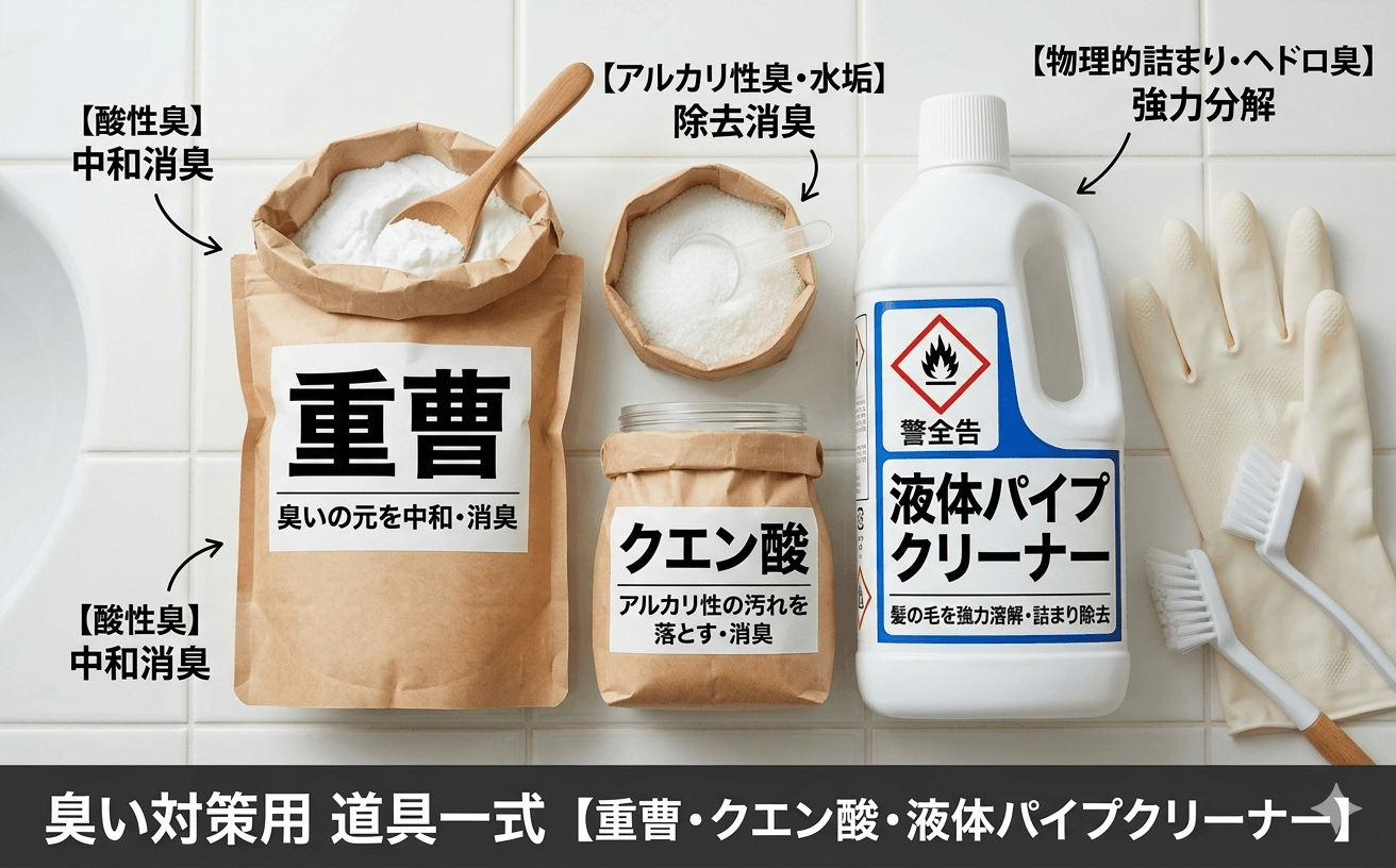 排水溝の臭い対策で使う洗剤と道具