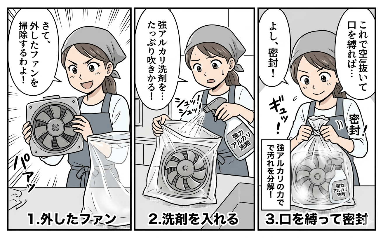 シロッコファンの汚れと袋包みパック法の様子