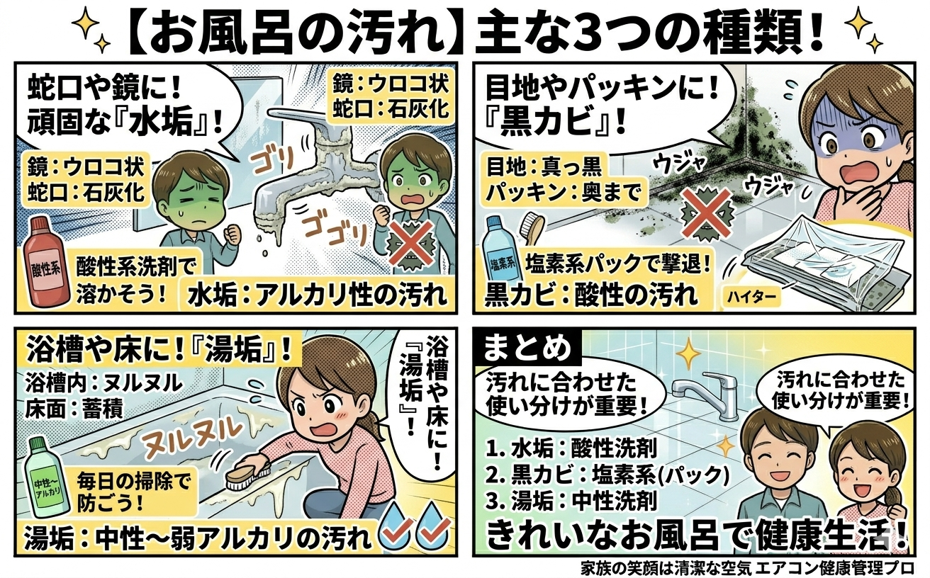 お風呂の汚れの種類を示すイメージ（水垢・黒カビ・湯垢）