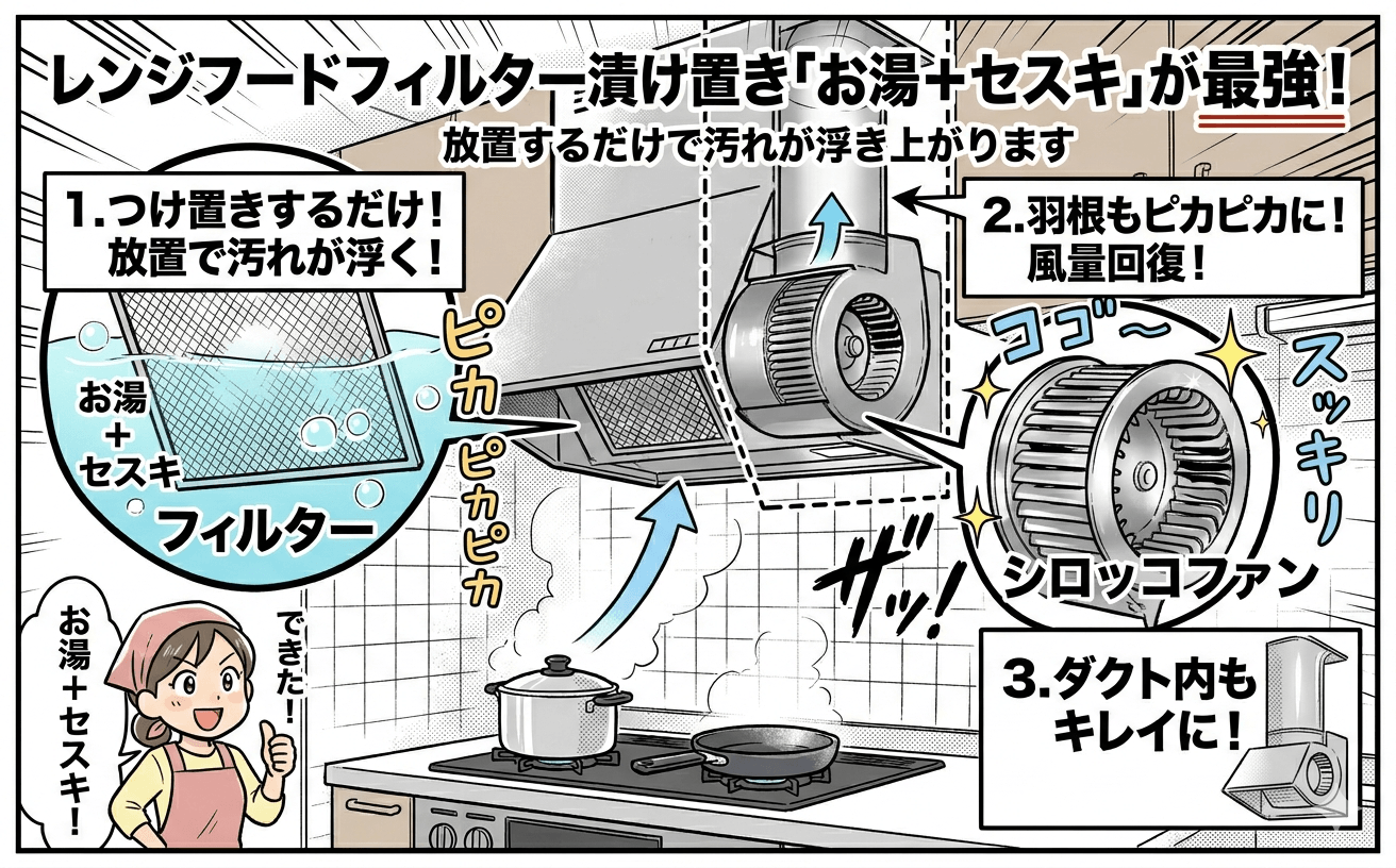 換気扇フィルターの漬け置き洗いの様子