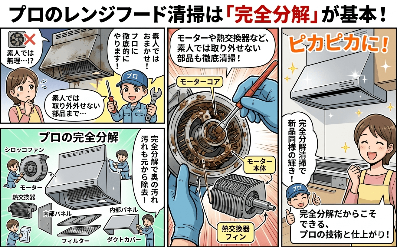 プロによるレンジフード分解清掃の作業風景