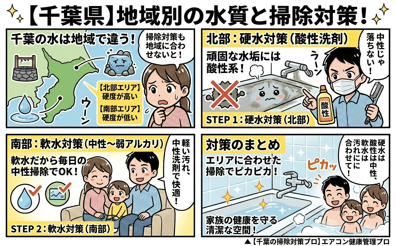 千葉県の地図と各エリアのお風呂汚れ傾向をイラストで示したもの