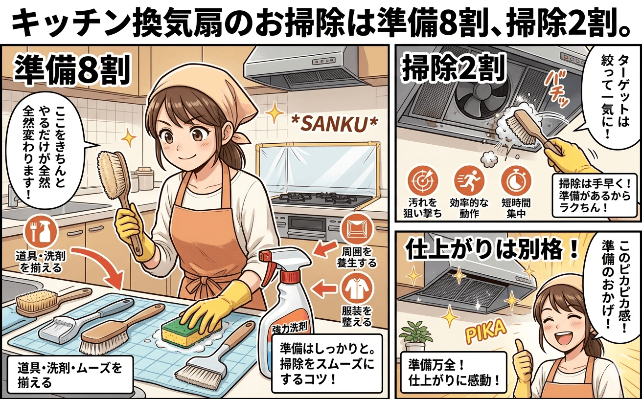 換気扇掃除の準備：養生・手袋・洗剤を揃えた様子