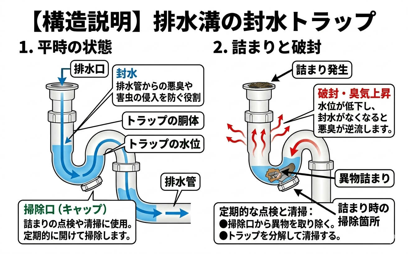 排水溝の封水トラップの構造説明図