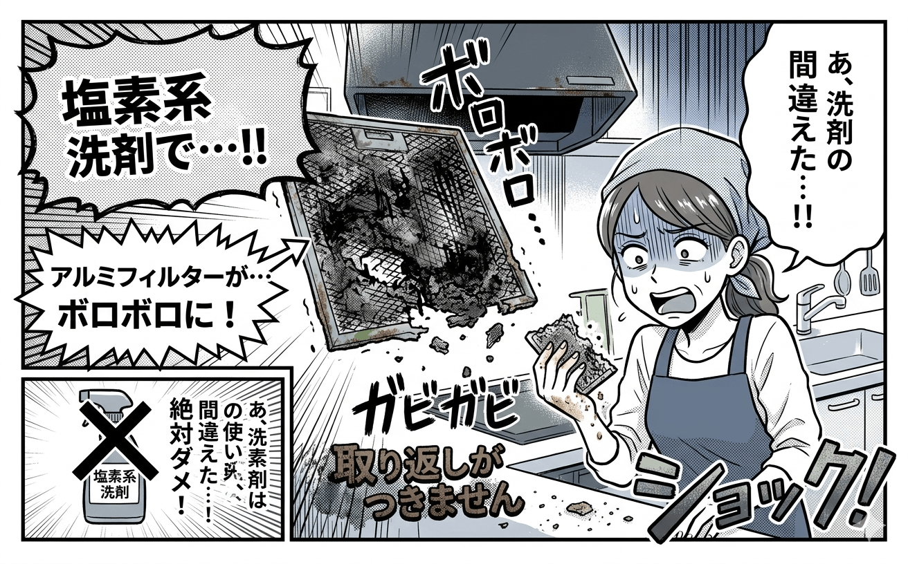 塩素系洗剤で変色したアルミフィルター