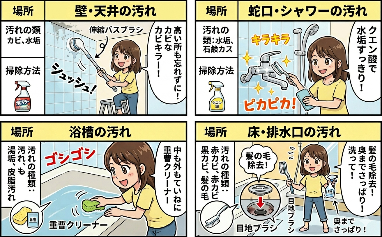 お風呂の浴槽・床・壁・鏡・排水口を示す浴室全体の俯瞰写真