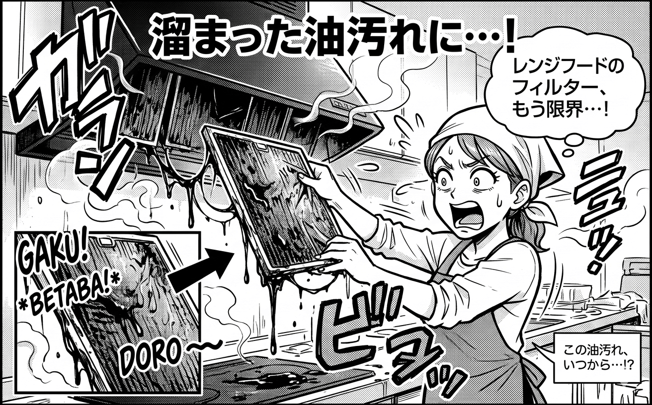 油汚れが溜まったレンジフードのフィルター