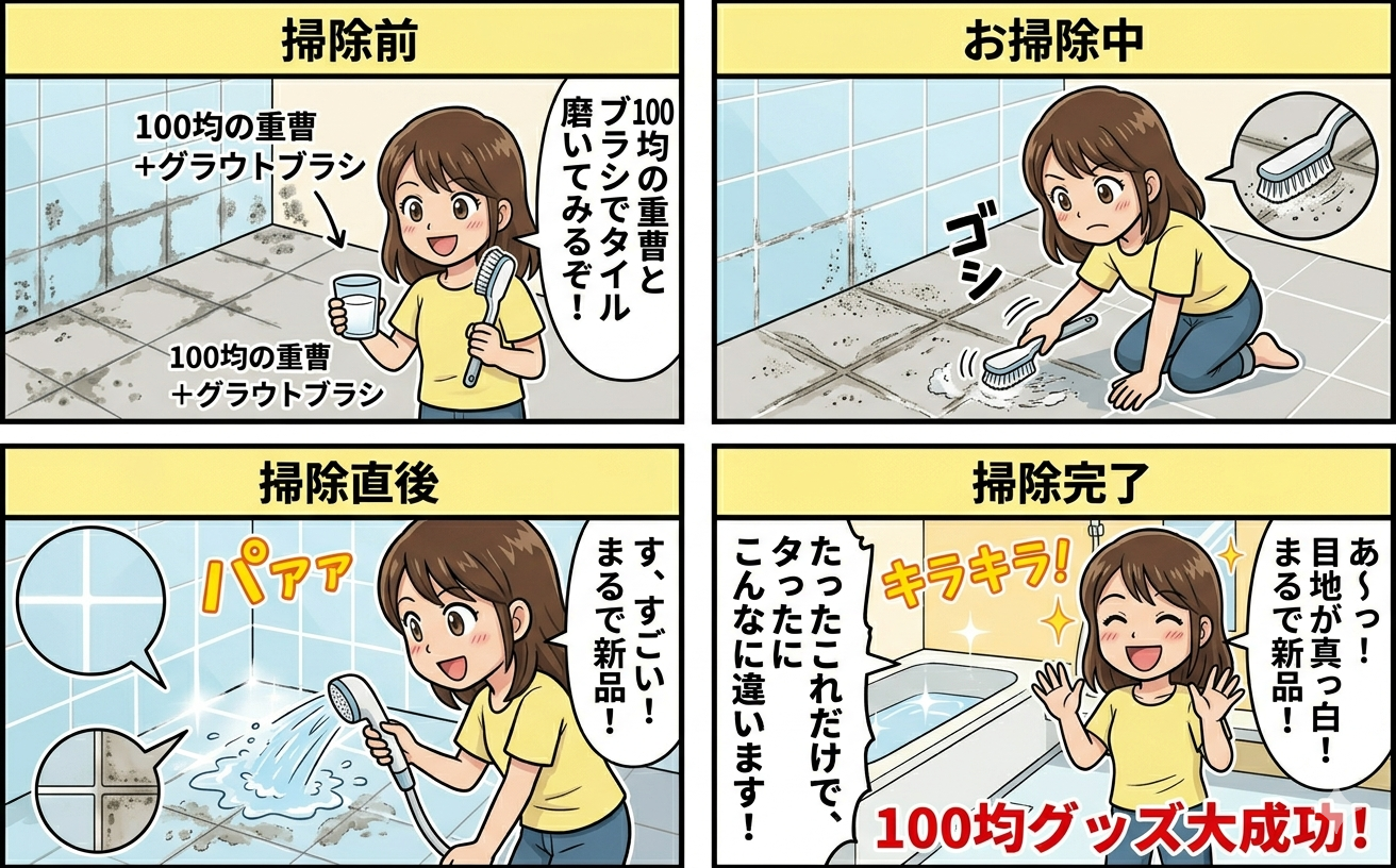 100均の重曹とグラウトブラシを使ってお風呂の床をこすっている様子