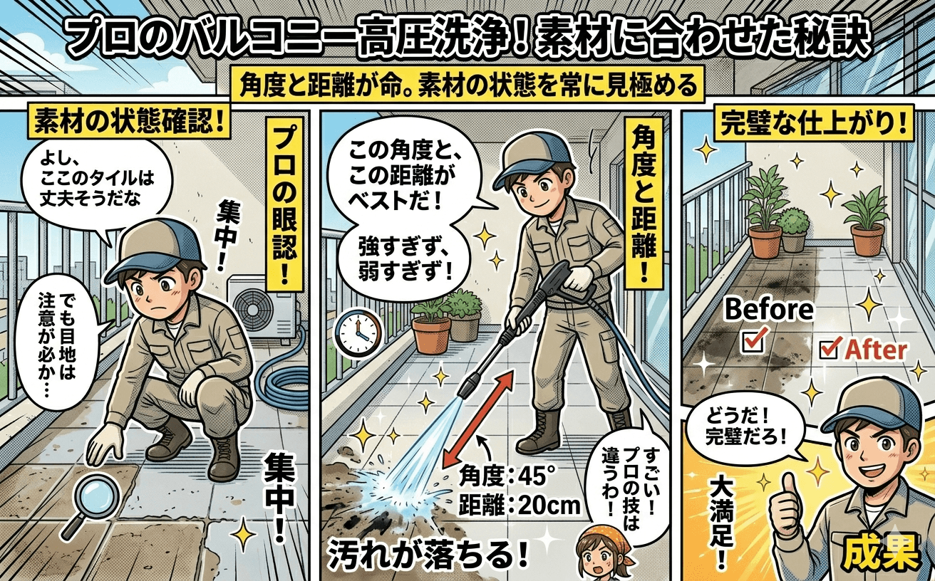 高圧洗浄機でバルコニー床を清掃しているプロの写真