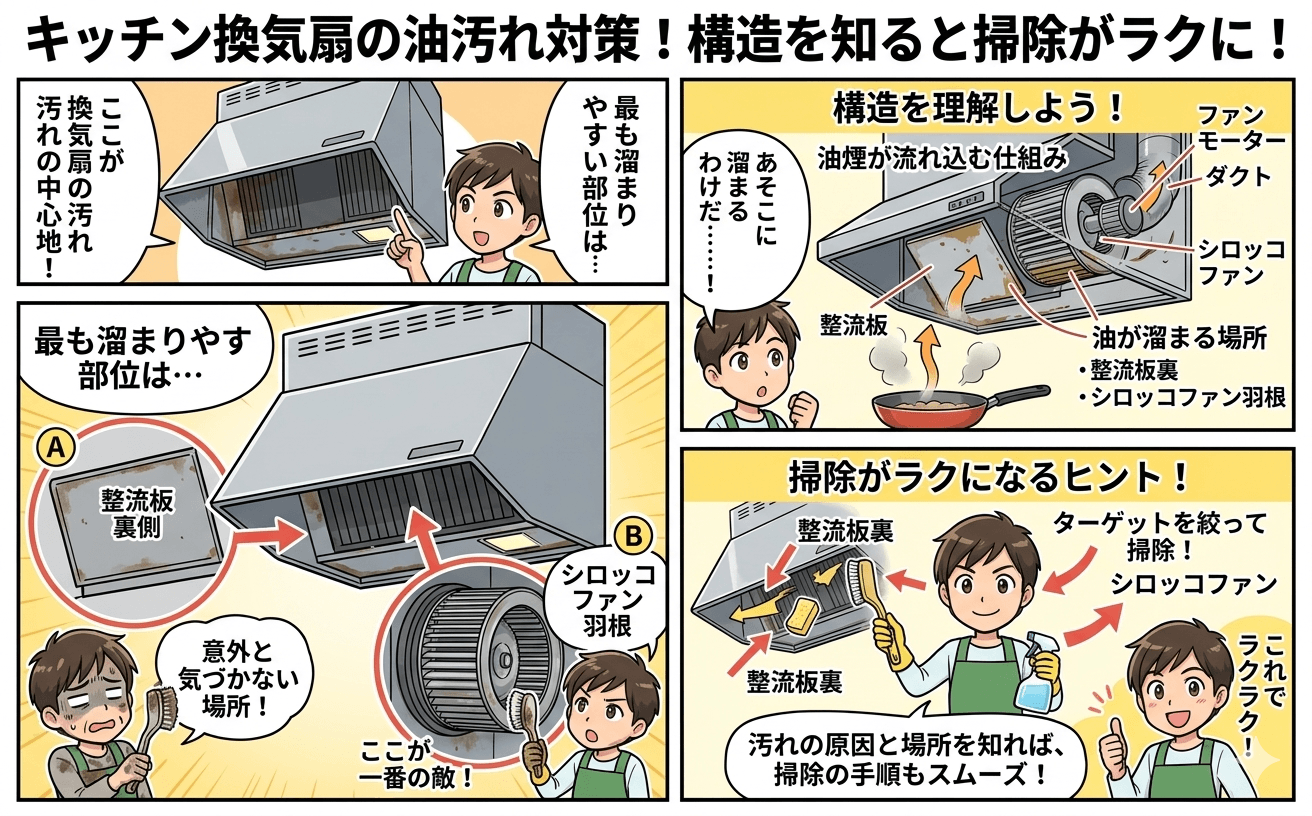 レンジフードの構造と汚れが蓄積する場所を示した図解
