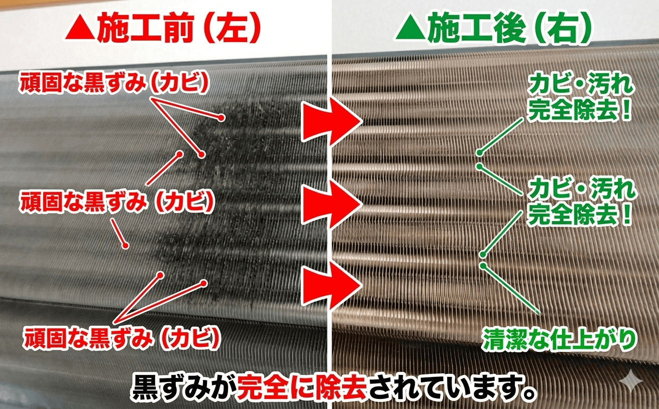 エアコン内部のカビ汚れ比較画像（施工前後）