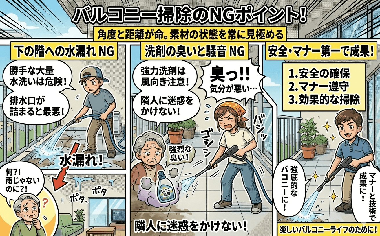 バルコニー掃除NGポイントを示したイラスト図