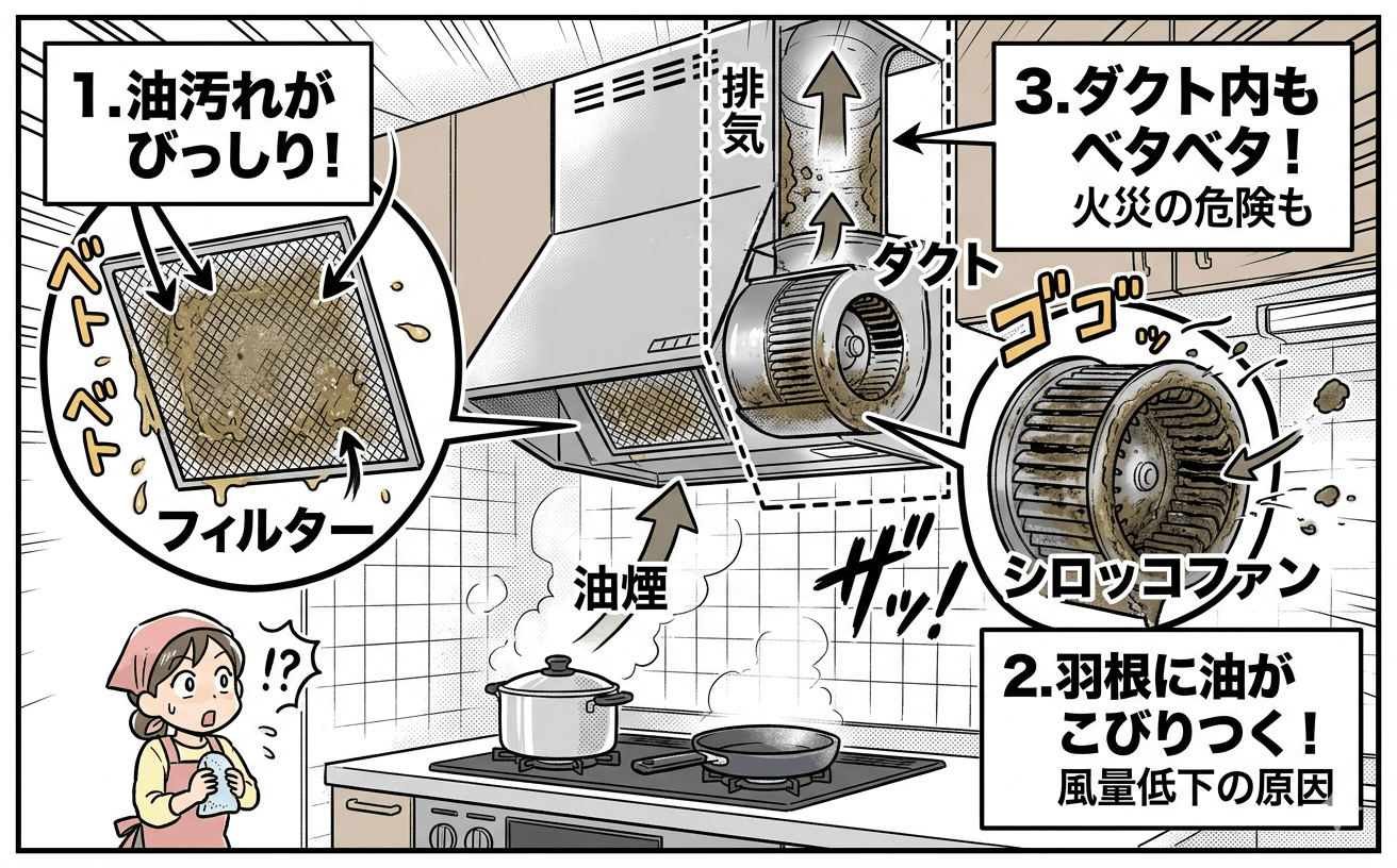シロッコファン型レンジフードの構造図