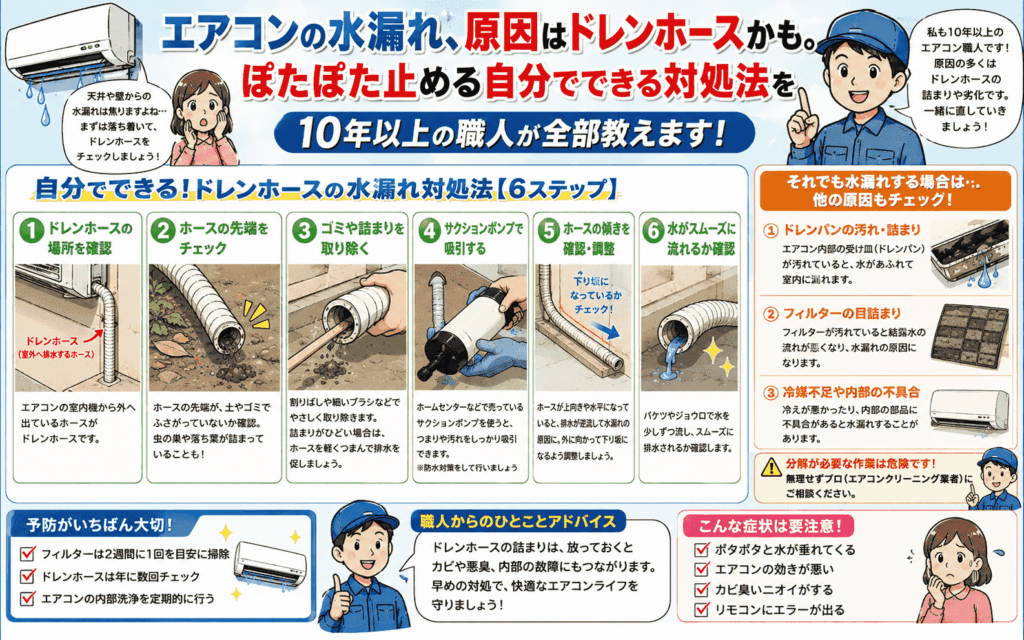 エアコンの水漏れ、原因はドレンホースかも。 ぽたぽた止める自分でできる対処法を 10年以上の職人が全部教えます
