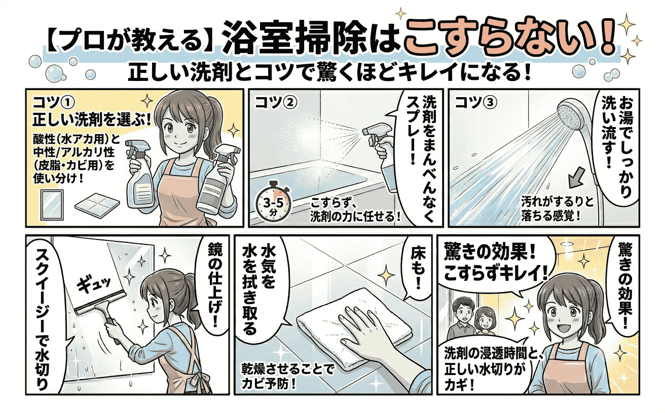 浴室掃除はこすらない！正しい洗剤と風呂掃除のコツで鏡も床も驚くほどキレイになる方法