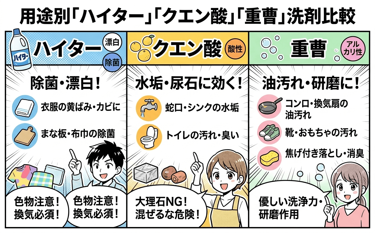 ハイター・クエン酸・重曹の洗剤比較　用途別