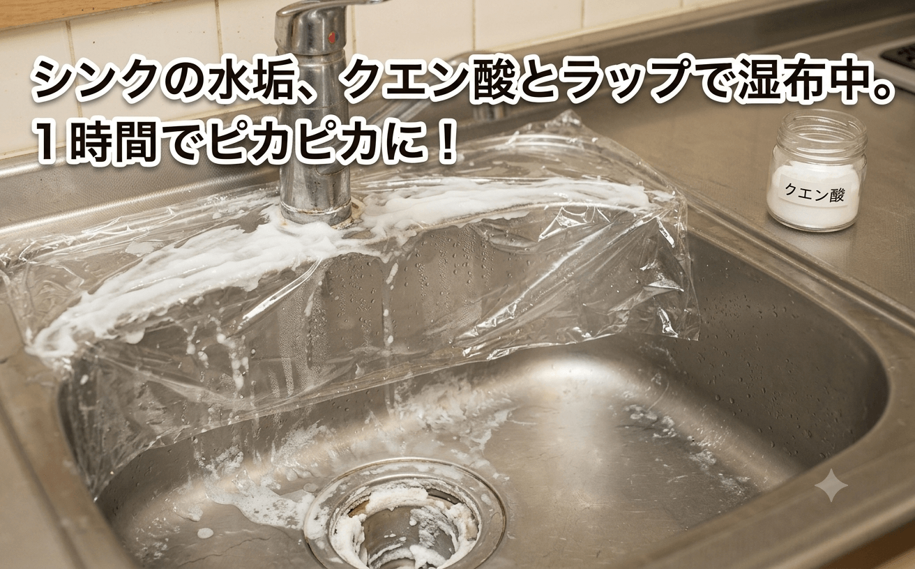 クエン酸パックでシンクの水垢を落とす手順　ラップで湿布