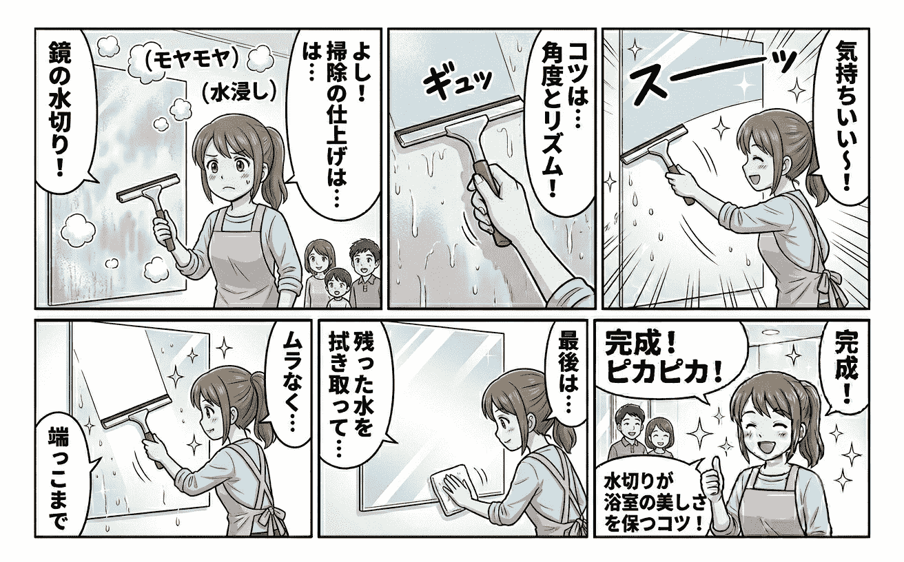 スキージーで浴室の鏡を水切りしているイメージ