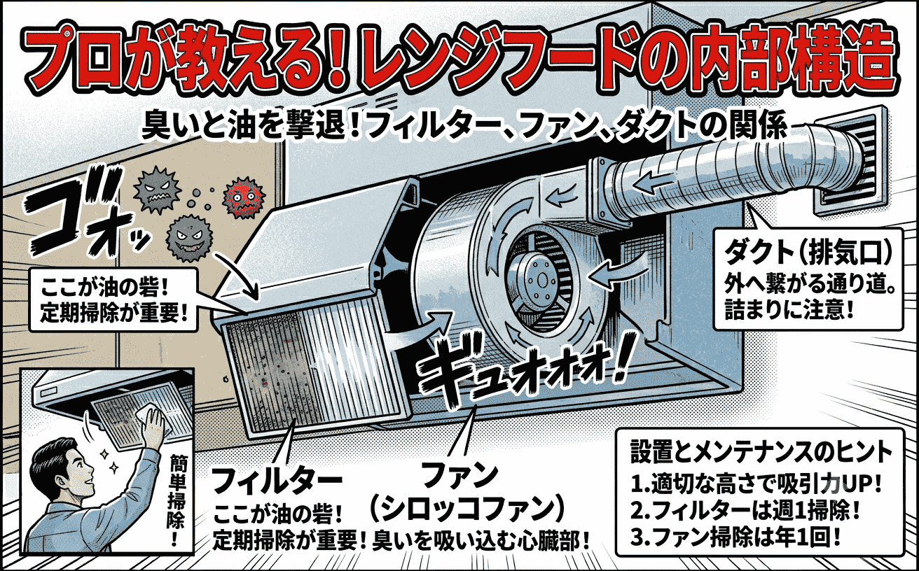 レンジフードの内部構造図（フィルター・ファン・ダクトの位置関係）
