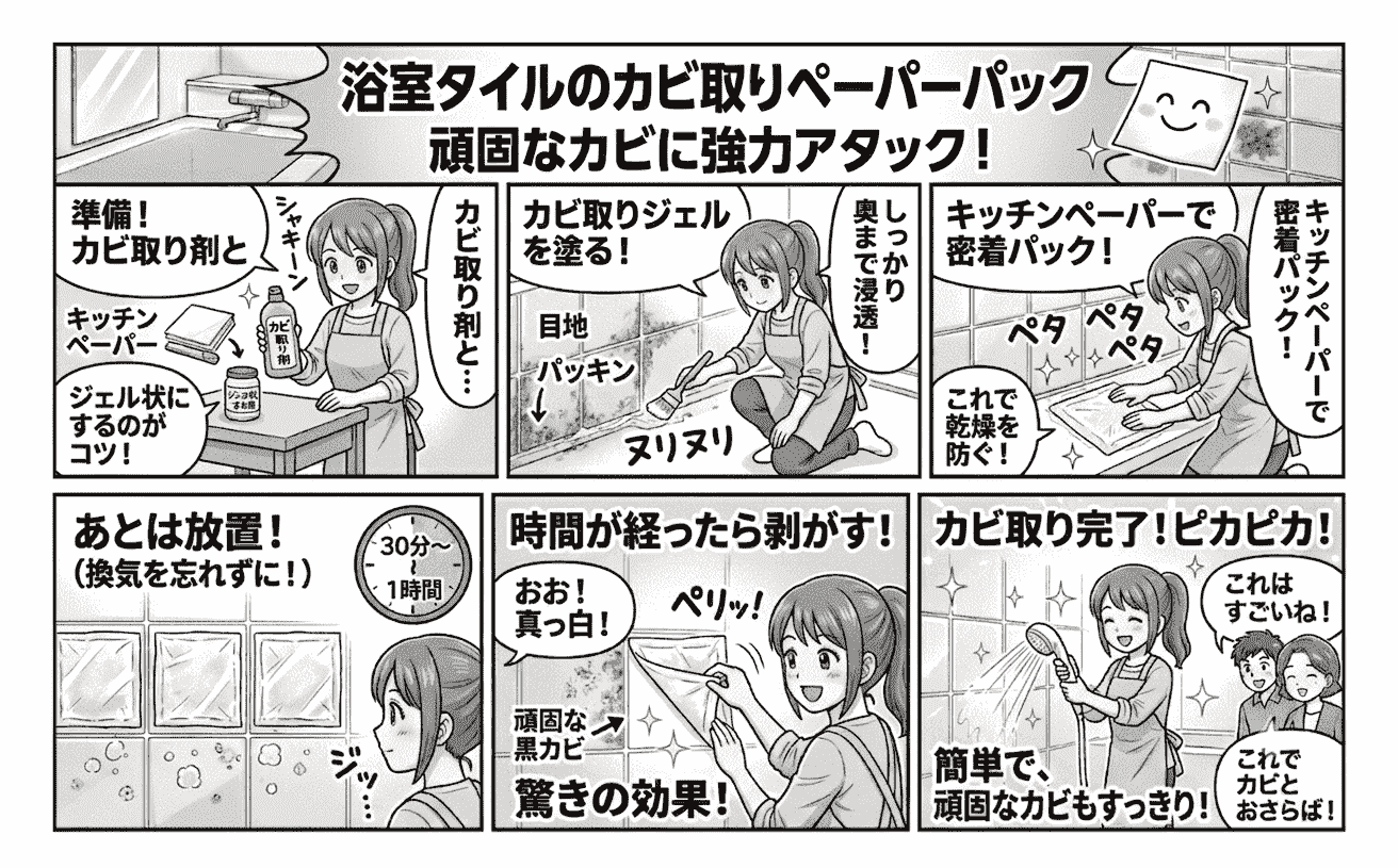 カビ取り洗剤をペーパーパックしている浴室タイルの画像