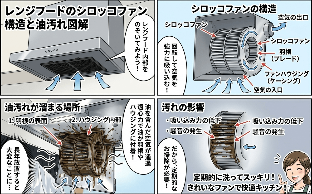 シロッコファンの構造と油汚れが溜まる場所の図解