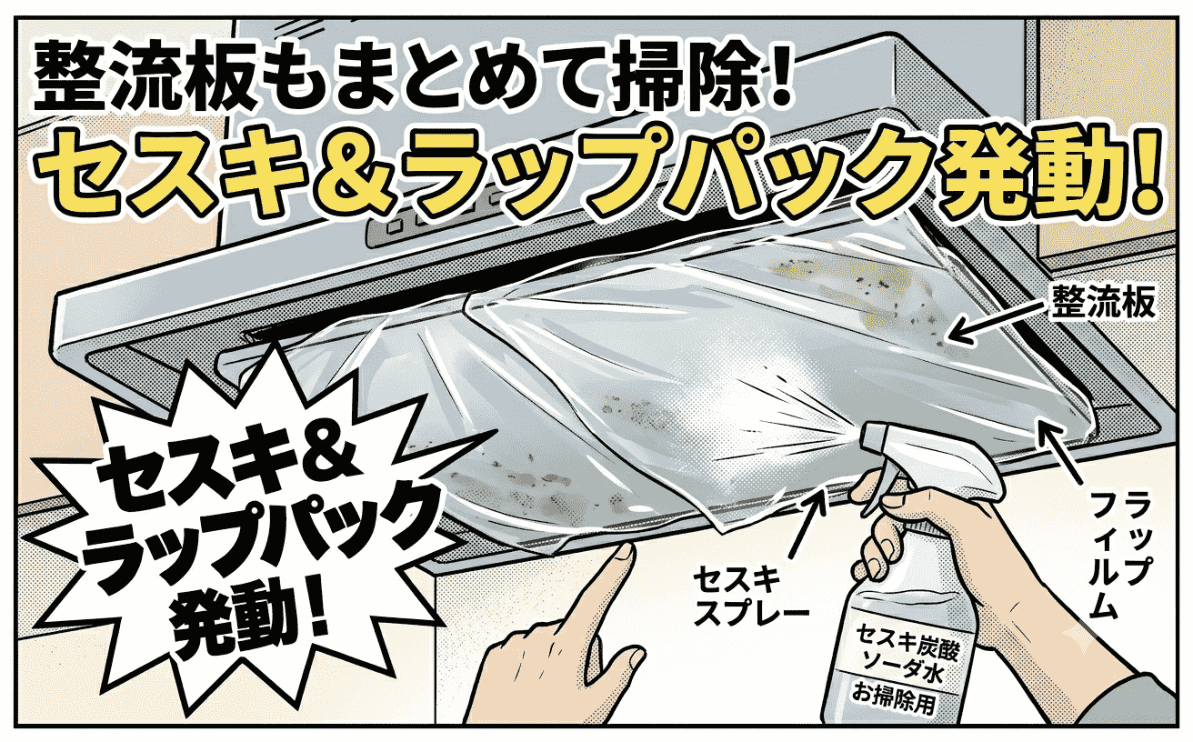 換気扇の整流板にセスキをスプレーしてラップパックをしている様子