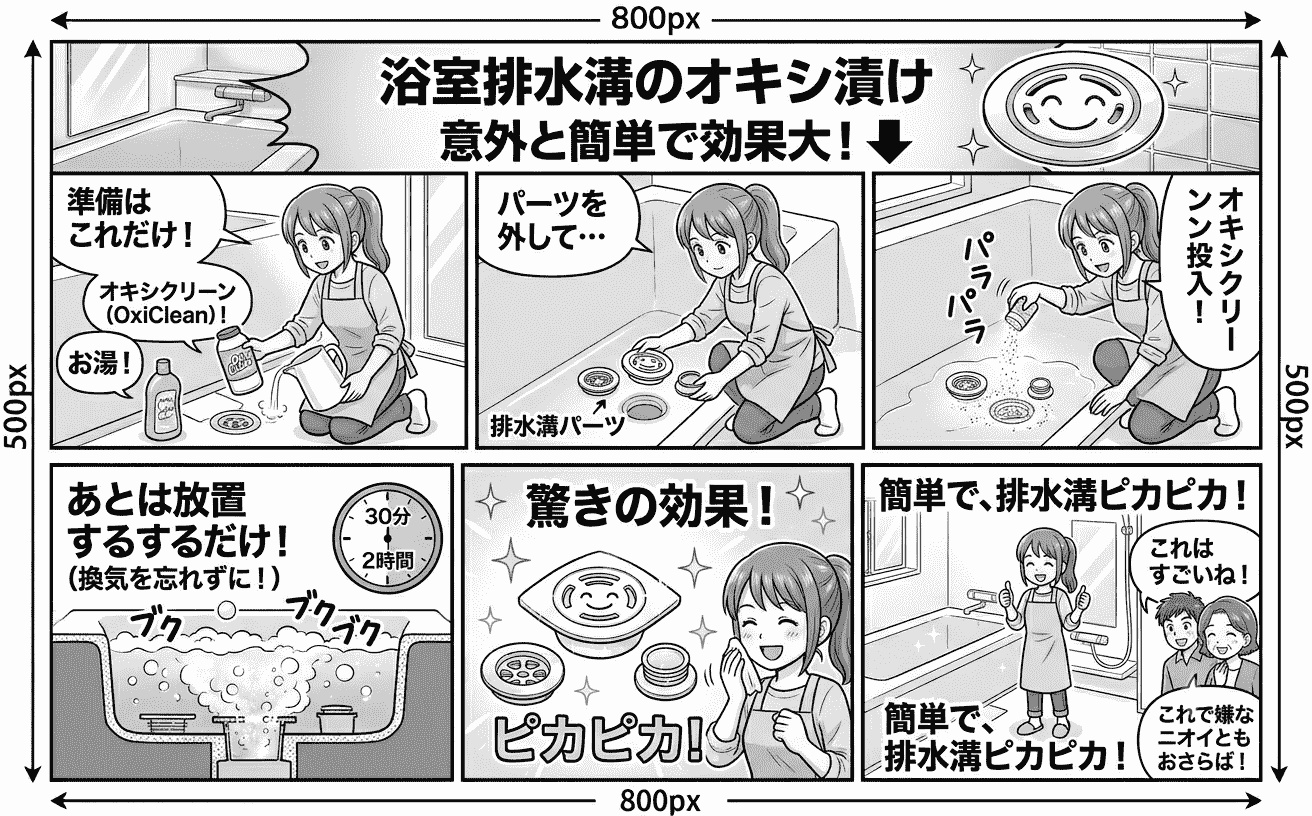 浴室排水溝のオキシ漬け掃除のイメージ