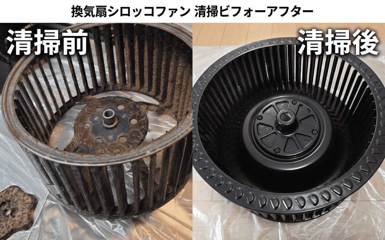掃除前後の換気扇シロッコファンの比較写真（ビフォーアフター）