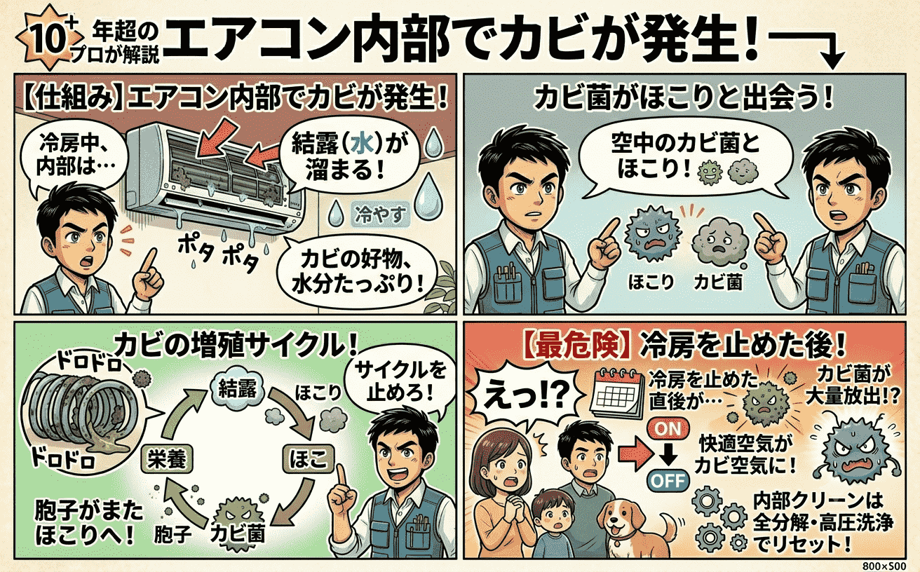 エアコン内部のカビ発生の仕組みを示した図解