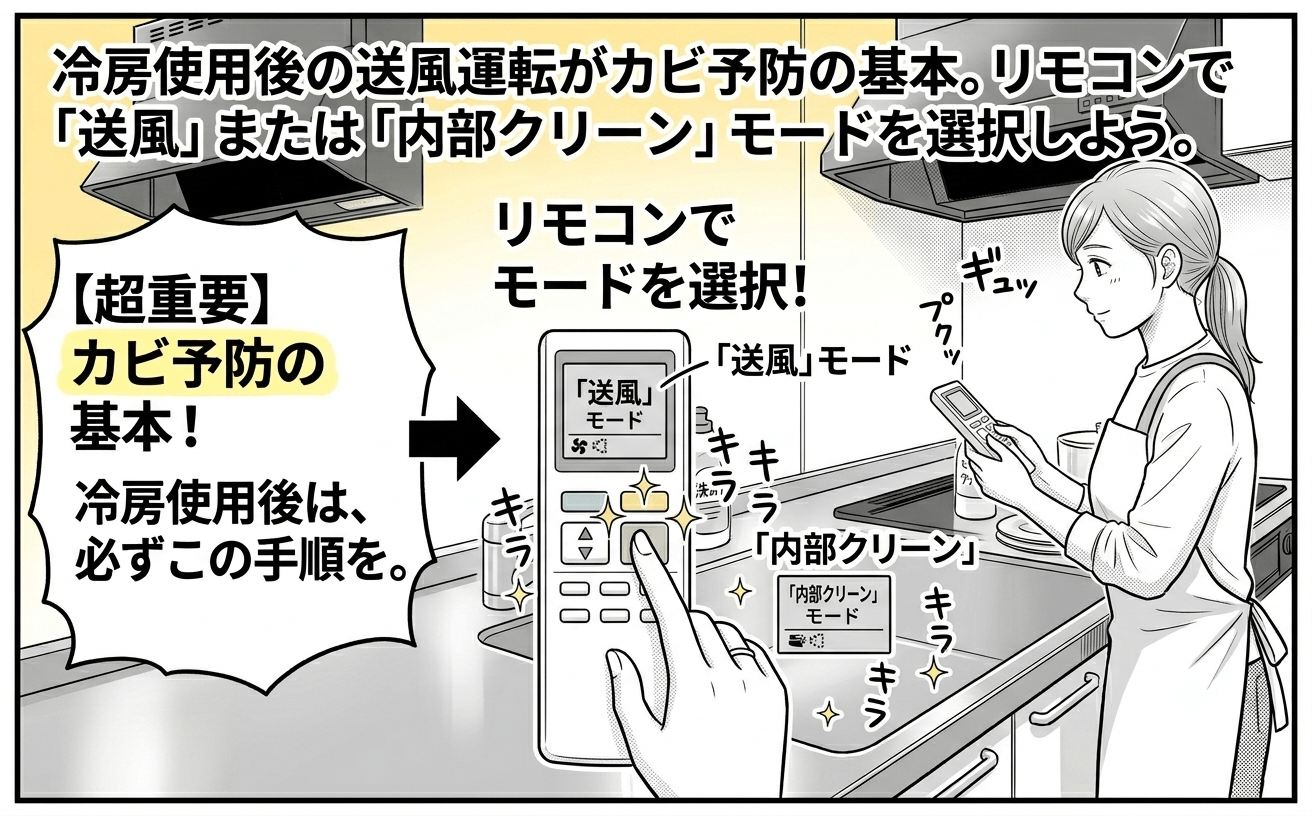 エアコンの送風運転・内部クリーンの操作イメージ
